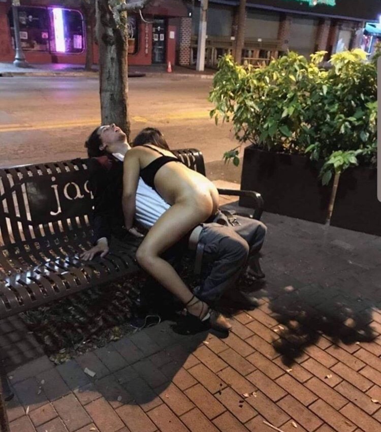 naked dunk couple passed out on bench