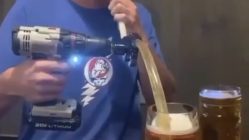 chugging beer with a drill
