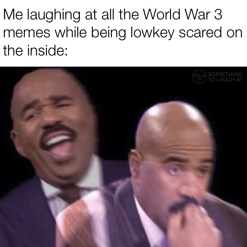Me laughing at all the World War 3 memes while being lowkey scared on the inside Steve Harvey meme