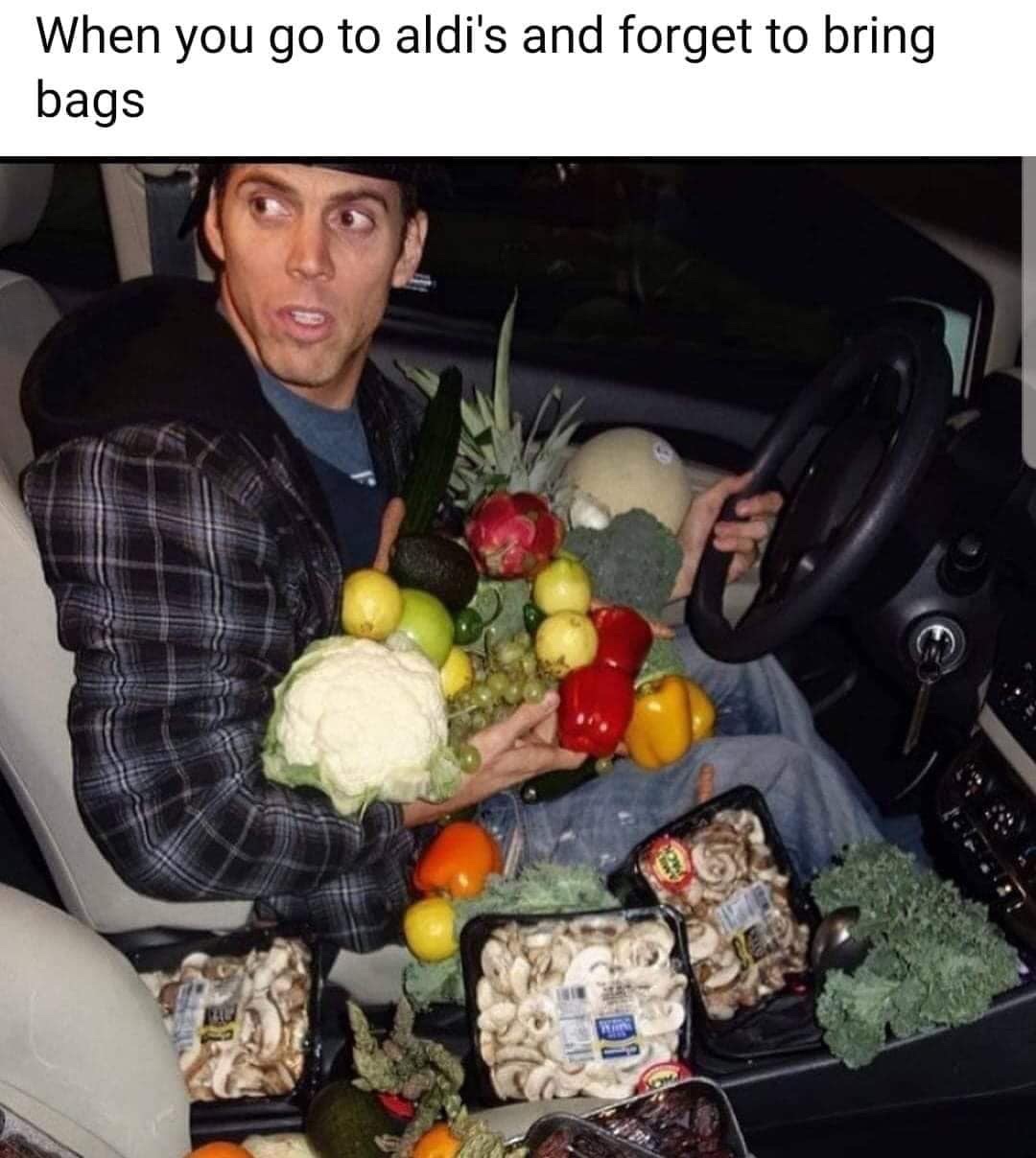 When you go to aldies and forget to bring bags SteveO meme
