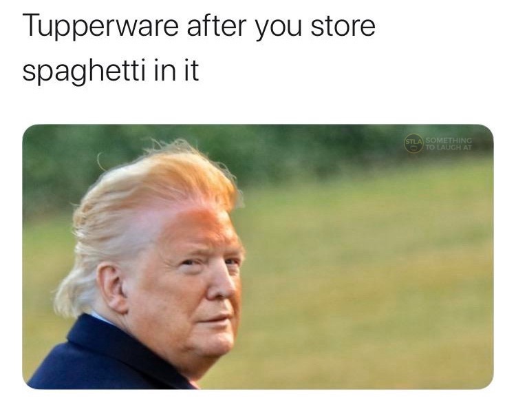 Tupperware after you store spaghetti in it Donald Trump meme