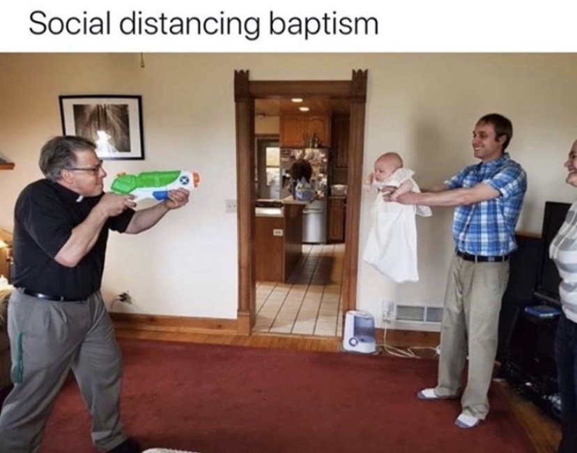 Social distancing baptism water gun meme