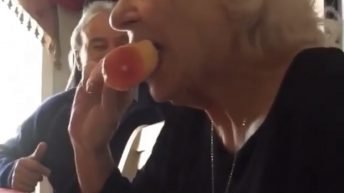 Grandma eats plastic chicken prank