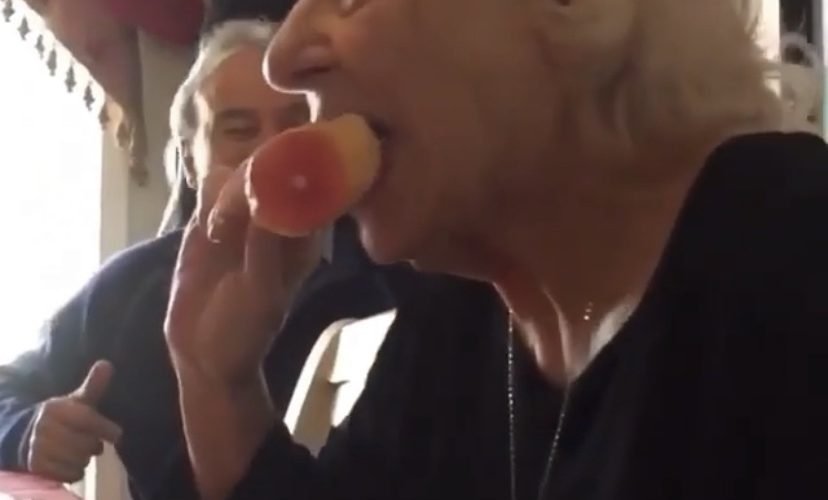 Grandma eats plastic chicken prank