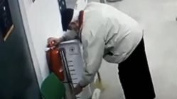 Old man mistakes fire extinguisher for sanitizer