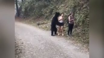 Woman takes selfie with bear