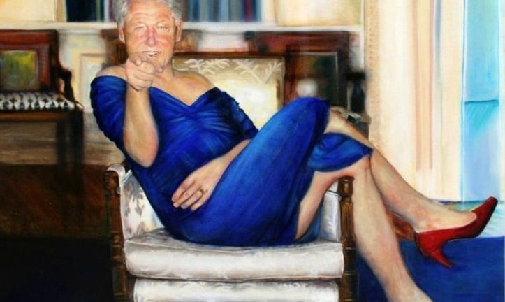 Bill Clinton in dress and red heels Jeffrey Epstein painting