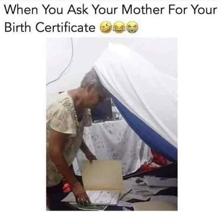 When you ask your mother for your birth certificate meme