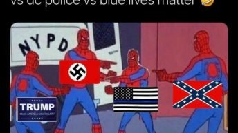 Trump supporters vs the proud boys vs dc police vs blue lives matter Spiderman meme