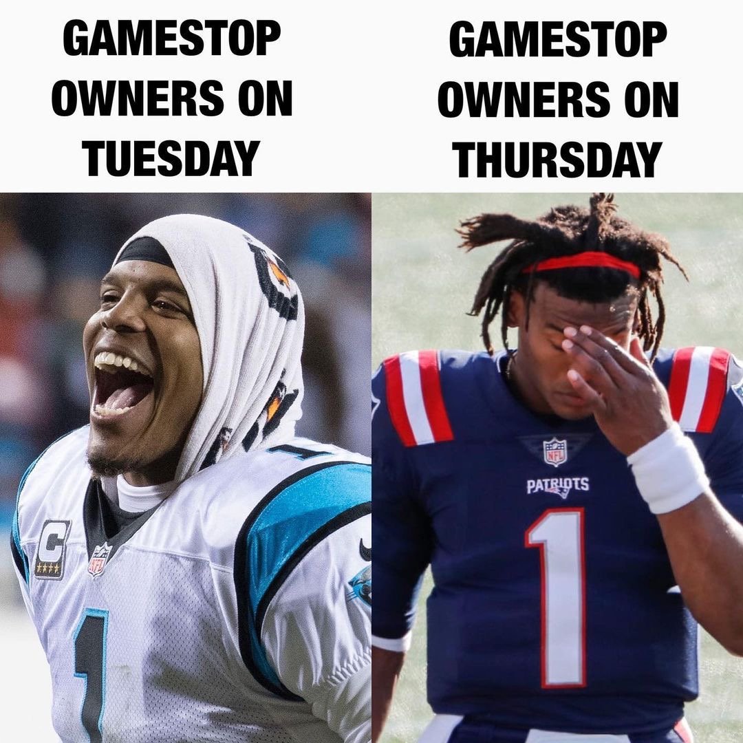 Gamestop owners on Tuesday vs Thursday Cam Newton meme