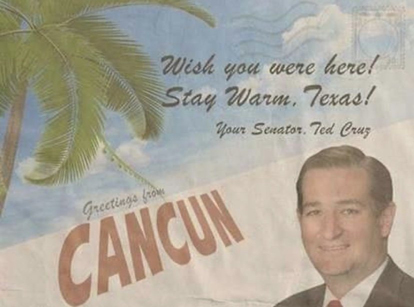 Wish you were here stay warm Ted Cruz meme