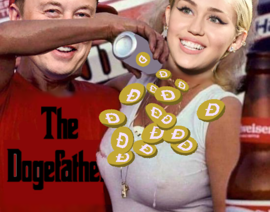 Miley Cyrus and Elon Musk SNL dogecoin meme