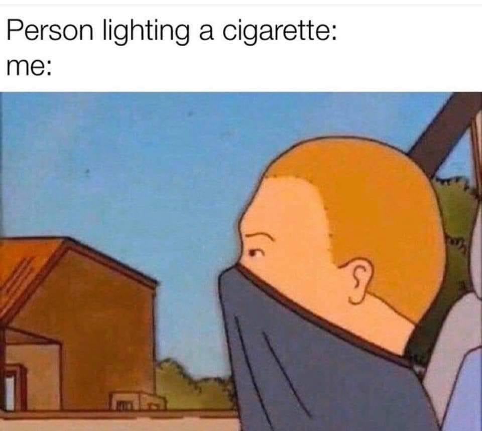Person lighting a cigarette vs me Bobby Hill King of the Hill meme