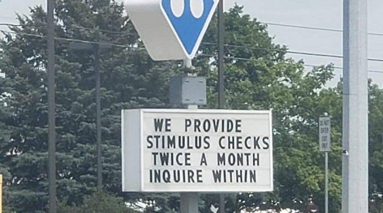 We provide stimulus checks twice a month inquire within Dominos sign