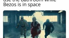 Amazon workers running to use the bathroom while Bezos is in space meme