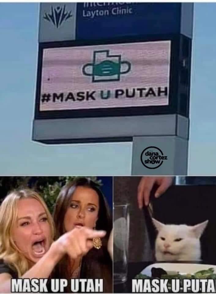 Mask Up Utah crying woman and cat meme 