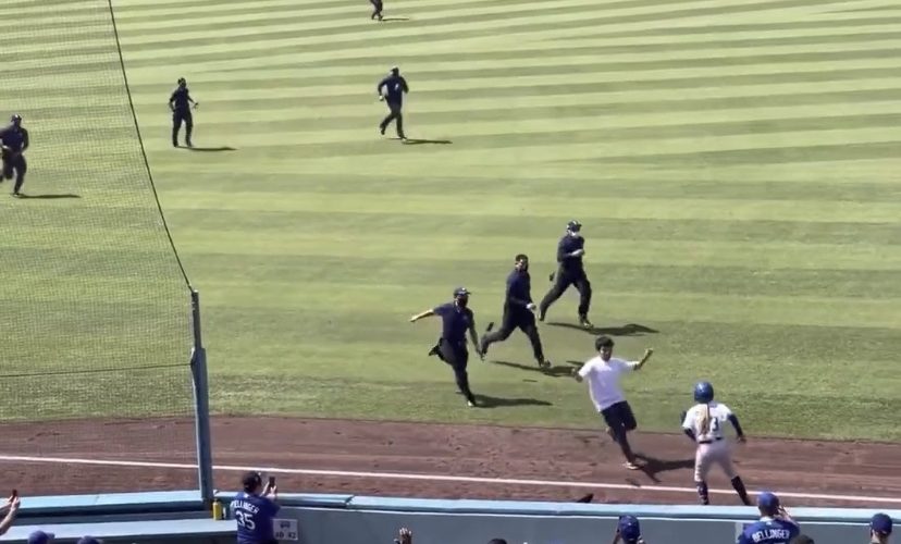 Fan runs through Dogers baseball field during a game