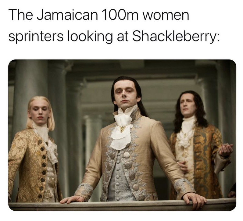 The Jamaican 100m women sprinters looking at Shackleberry meme