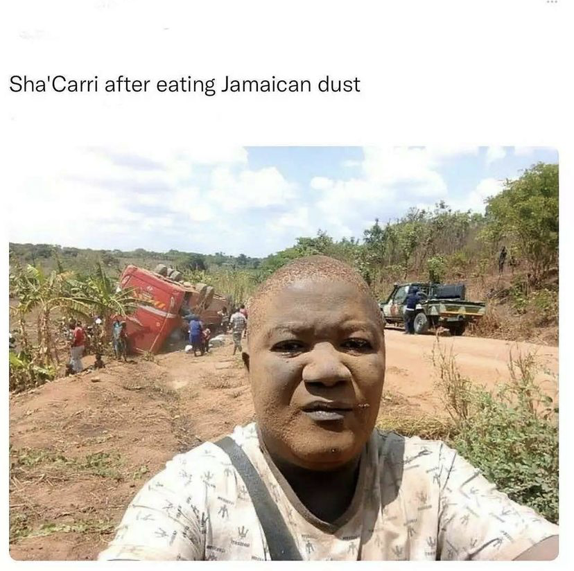 Sha'Carri after eating Jamaican dust meme