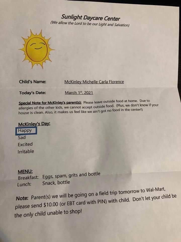 Funny Sunlight Daycare center letter