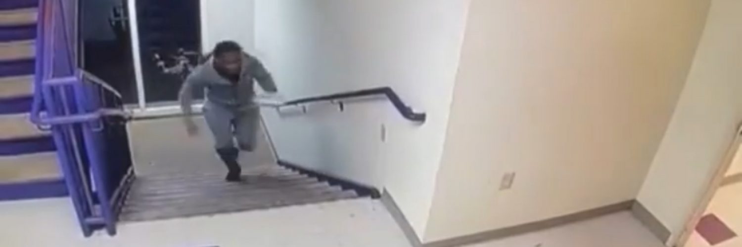 Man drops food while walking up steps