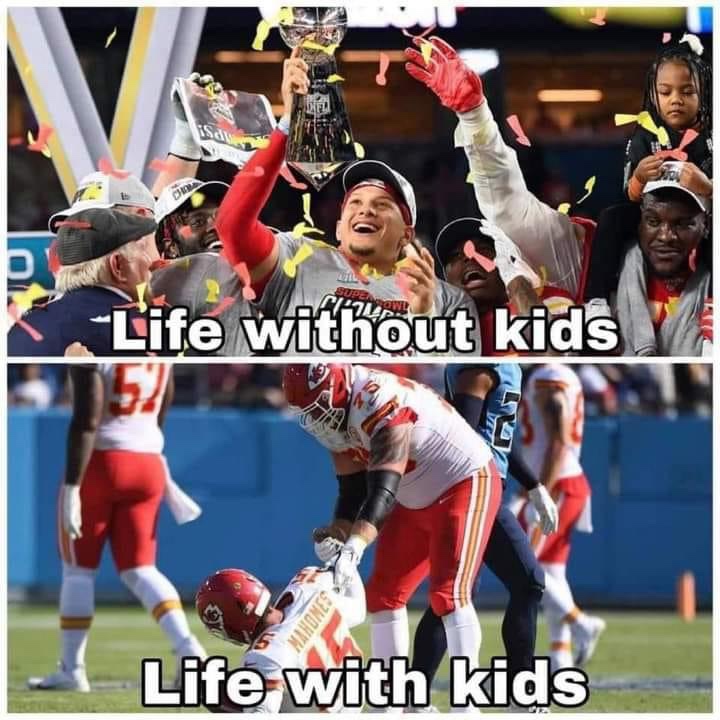 Life without kids vs life with kids Patrick Mahomes meme