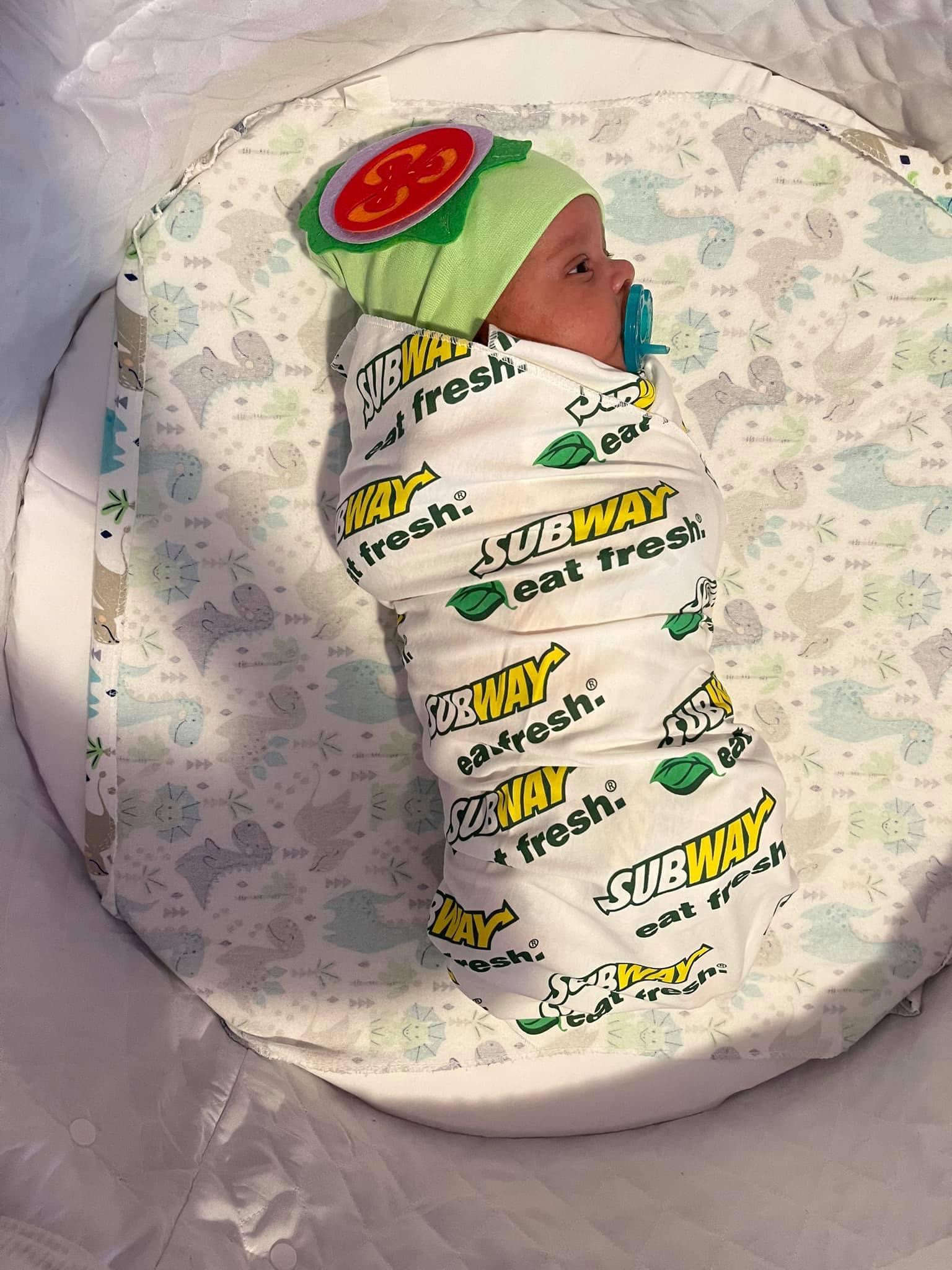 Baby dressed as Subway sandwich Halloween costume