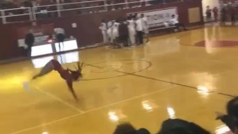 High school cheerleader flips into stands