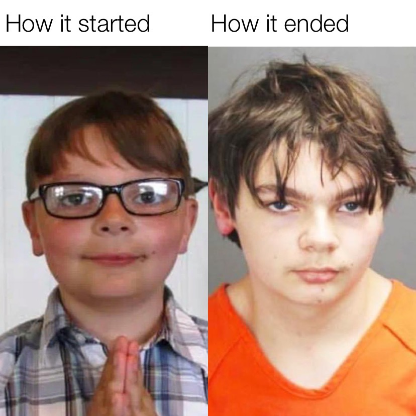 How it started vs how it ended Ethan Crumbley mugshot meme