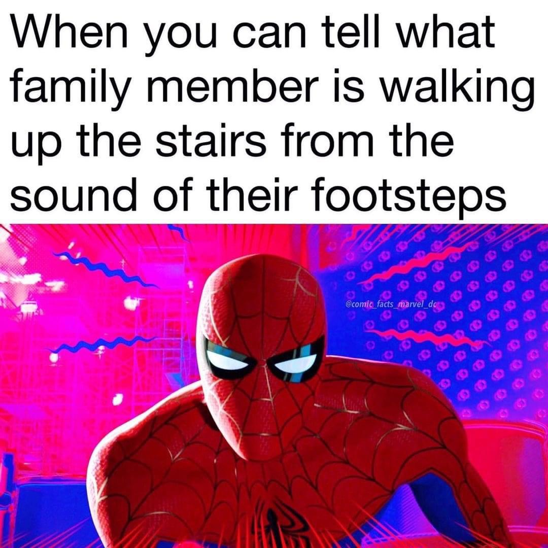 When you can tell what family member is walking up the stairs from the sound of their footsteps Spiderman meme