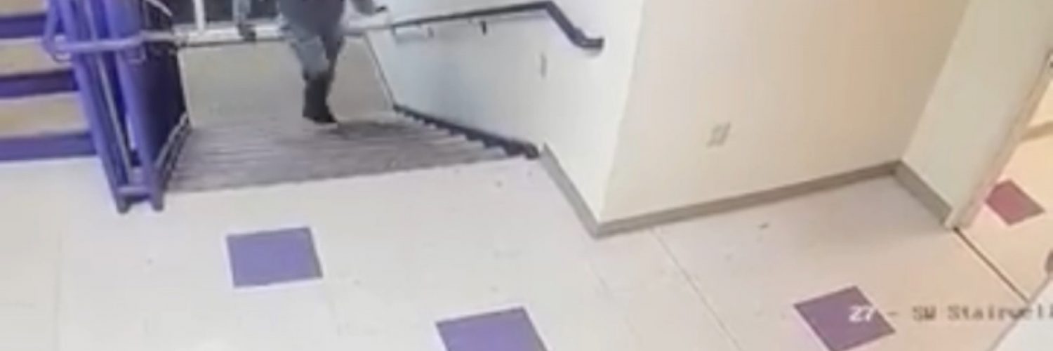 Man drops food while walking up stairs