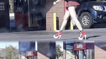 Well then man in mini skirt and heels at QuickTrip