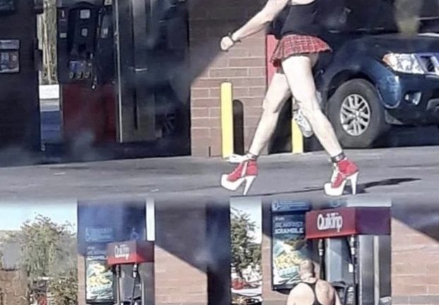 Well then man in mini skirt and heels at QuickTrip