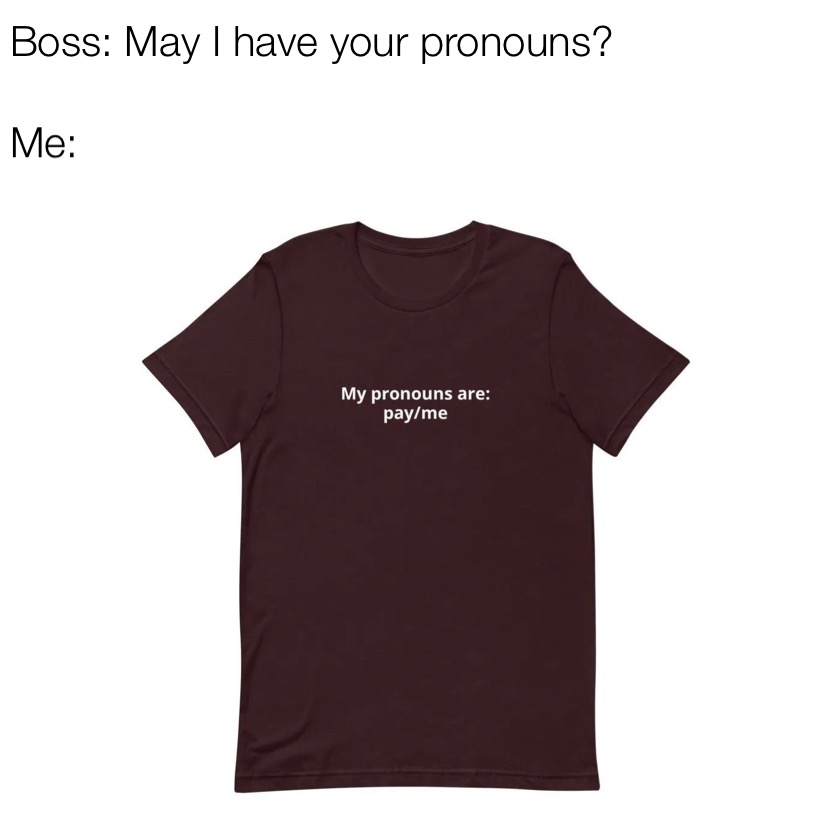 My pronouns are pay me meme