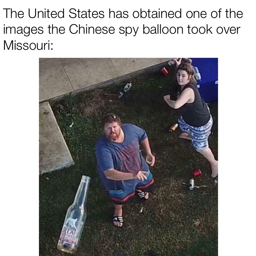 Meme photo of a man throwing beer bottle in the air. The caption is The United States has obtained one of the images the Chinese spy took over Missouri meme